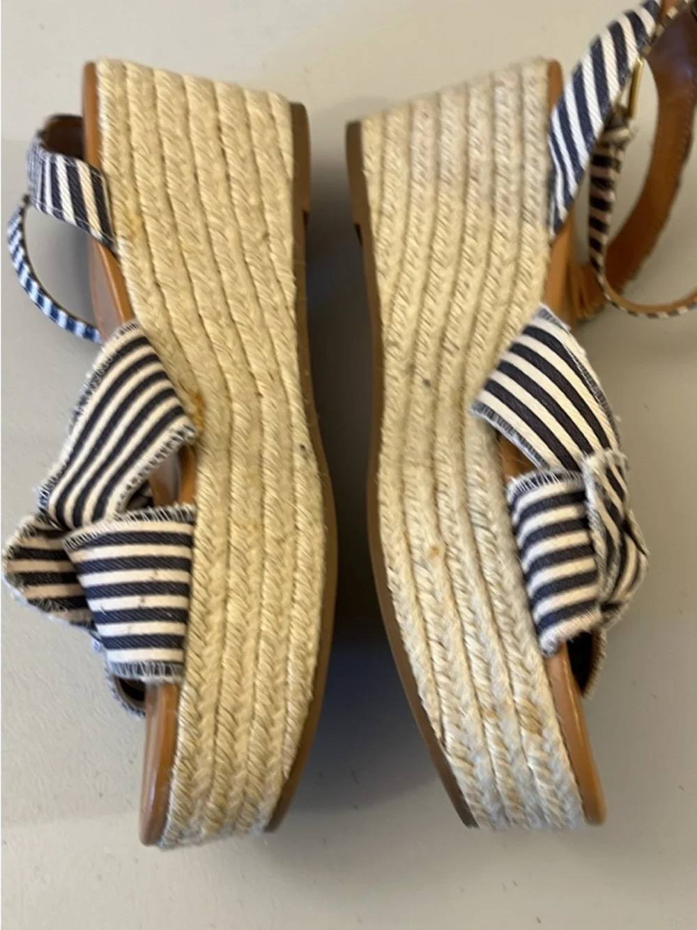 J. Crew Navy and White Striped Bow Espadrille Sandals